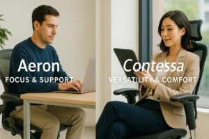 2分割された画面で、左側には集中してPC作業をする男性がアーロンチェアに座り、右側にはリラックスしてタブレットを見る女性がコンテッサに座っている。それぞれの椅子の設計思想「Aeron: Focus & Support」「Contessa: Versatility & Comfort」が表現されている。