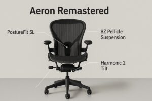 ハーマンミラーのアーロンチェア リマスタードの全身が写っており、ポスチャーフィットSL、8Zペリクルサスペンション、ハーモニック2チルトといった主要な機能がグラフィックで示されている。