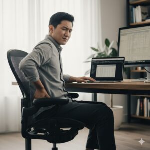 アーロンチェアのメッシュ素材「ペリクル」に座り、座面が硬く感じてお尻を気にするアジア人(日本人)のビジネスパーソンの様子。硬い座り心地に対する不満を表現する視覚的なイメージ。