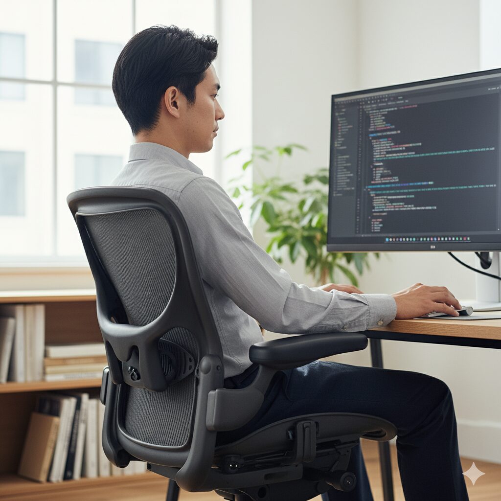 デスクワーク中に背筋を伸ばし、正しい姿勢で集中してパソコン作業を行うアジア人(日本人)のビジネスパーソン。アーロンチェアの姿勢サポート機能のメリットを象徴する画像。