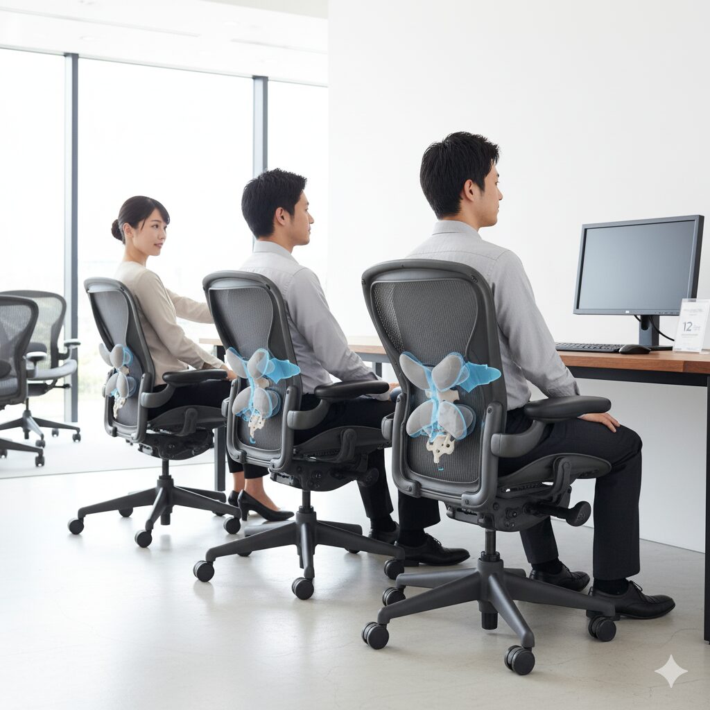 アーロンチェアの背もたれにある「ポスチャーフィットSL」が、座っている人の仙骨と腰椎を的確に支える様子をイラスト的に示す画像。人間工学に基づいたサポート機能を強調。
