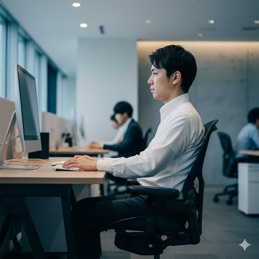 日本人のビジネスパーソンがアーロンチェアに座り、正しい姿勢で集中してPC作業に取り組んでいる様子。