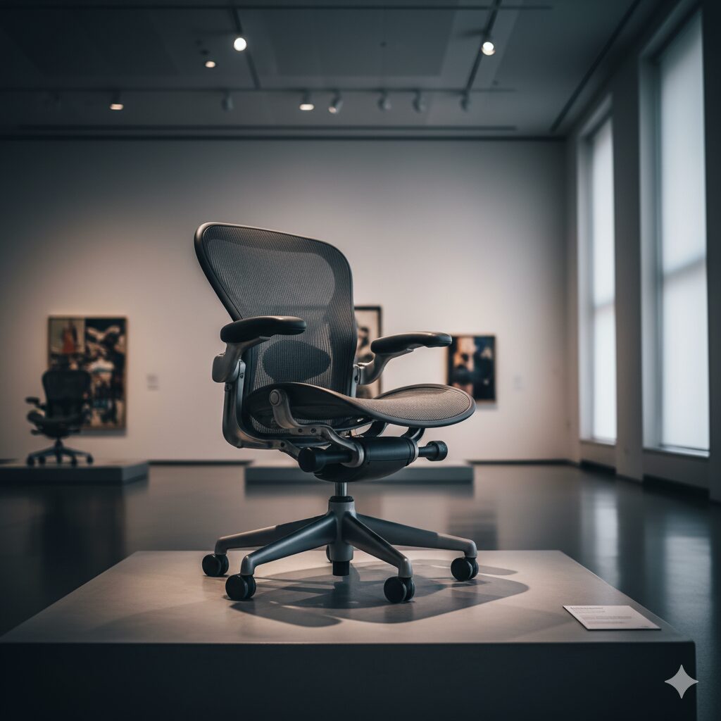 美術館のようなモダンで洗練された空間に展示されているアーロンチェア。機能美を追求したデザインアイコンとしての威厳を示す。