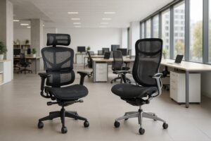 広々としたモダンなオフィス空間に並べられた2脚の高級オフィスチェア、エルゴヒューマンとコンテッサ。
