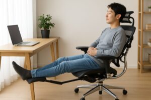 - 4分割された画面で、エルゴヒューマン プロ2に座って様々な姿勢を試している二人の日本人オフィスワーカー(男性と女性)。