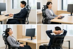 - 4分割された画面で、エルゴヒューマン プロ2に座って様々な姿勢を試している二人の日本人オフィスワーカー(男性と女性)。