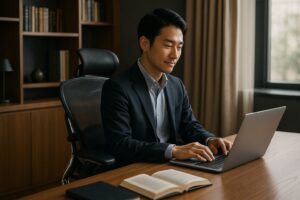 - 高級オフィスチェア「コンテッサ」が置かれた洗練された書斎で、快適にパソコン作業を行う日本人男性。