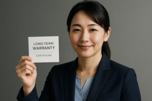 - コンテッサの長期保証書を手に持ち、安心した表情を浮かべる日本のビジネスウーマン。