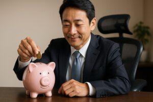 - コンテッサチェアへの投資が長期的な価値を生むことを象徴する、貯金箱と日本人。