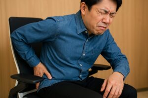 スチールケース ジェスチャーの硬い座面に座り、お尻の痛みを感じて手を当てる日本人。