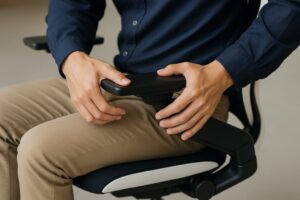 360度調整可能なスチールケース ジェスチャーのアームレストを、多様な姿勢で操作して快適性を試す日本人の手元。