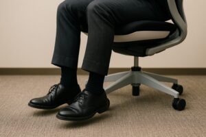 座面が高すぎて足が床に届かず、かかとが浮いているスチールケース ジェスチャーに座る日本人の足元のクローズアップ。