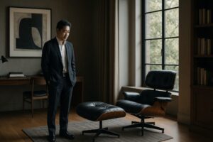 アメリカのブランド、ハーマンミラーの歴史と品質を象徴するモダンな書斎でくつろぐ日本人男性。