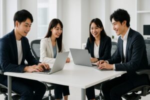 現代的なオフィスで進化したアーロンチェアリマスタードに座り、快適に仕事をする若い日本人。