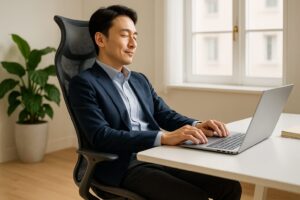 - 洗練されたデザインのハーマンミラー・コズムチェア(ハイバック)に座り、リラックスした姿勢で作業する日本のビジネスパーソン。
