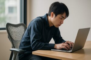 - 前傾姿勢で集中してPC作業をする日本のユーザー。コズムチェアはリラックス姿勢向けのため、背中のサポートが弱まっている様子。