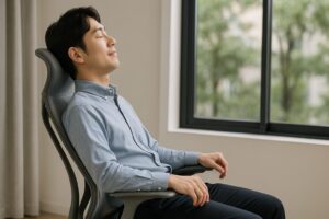 - アジアチルト仕様のコズムチェアに座り、軽い力でスムーズにリクライニングする日本のユーザー。