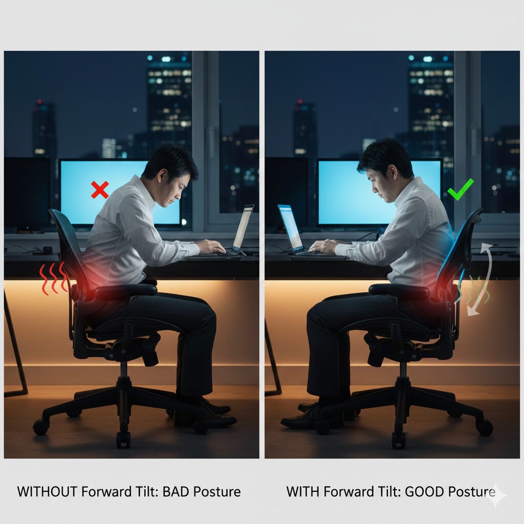 デュアルモニターの前でパソコン作業をする日本人男性の比較画像。左は前傾チルト機能なしで猫背になり腰に負担がかかっている状態、右は前傾チルト機能ありで正しい姿勢が保たれている状態。