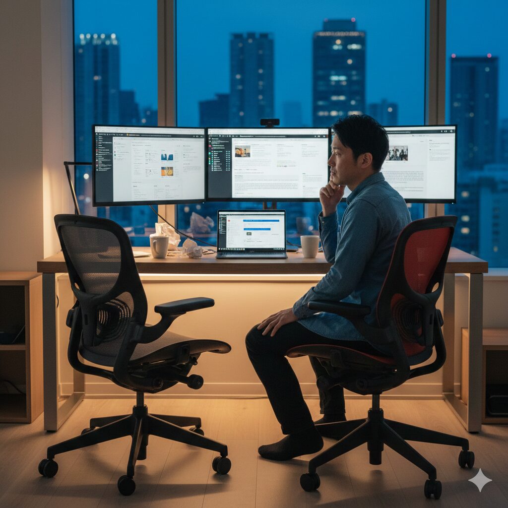 - 自宅のデスクでセイルチェアとアーロンチェアに挟まれ、どちらを選ぶべきか悩む日本人男性。夜景を背景に、デュアルモニターとノートPCが並べられたワークスペース。