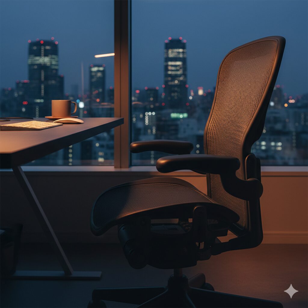 夜景の見える窓際に置かれたアーロンチェア。特徴的なメッシュ素材の座面と背もたれが、均一な体圧分散による「浮遊感」を連想させる。