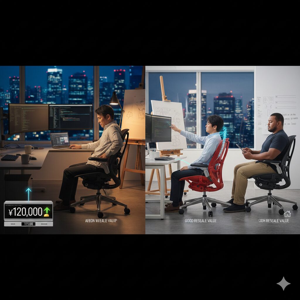 創造的な作業を行う日本人がセイルチェアに座っている様子。背もたれの柔軟な3Dインテリジェントバックが、様々な体勢での作業に追従している。