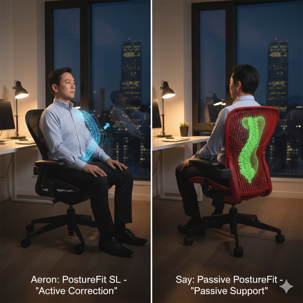 左半分にアーロンチェアに座りポスチャーフィットSLによる能動的な腰椎サポートを受けている日本人男性。右半分にセイルチェアに座りパッシブ・ポスチャーフィットによる受動的な腰椎サポートを受けている日本人男性。