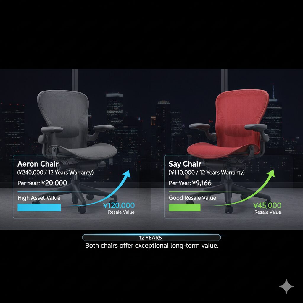 アーロンチェアとセイルチェアの12年保証とコストパフォーマンスを比較するインフォグラフィック。それぞれの初期費用、年間コスト、リセールバリューが示されている。
