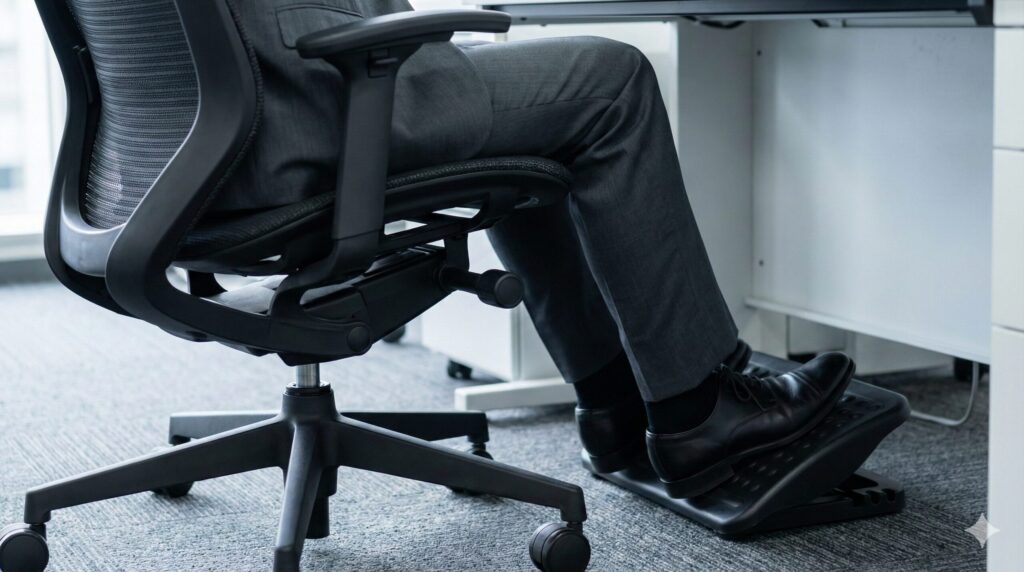 - 前傾チルト機能付きメッシュチェアに座り、フットレストで体の滑りを防止しながら作業する日本人男性の足元の様子。