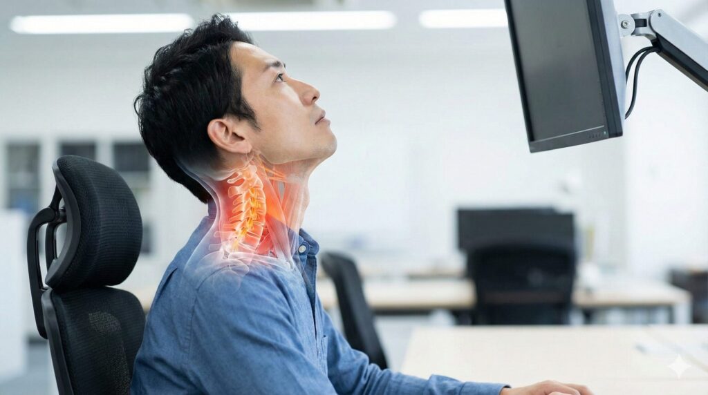 - 前傾姿勢で高い位置のモニターを見上げ、首の骨格に負担がかかっている様子を示す日本人男性の横顔と解剖図の合成写真。