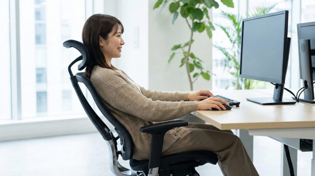 オフィスチェアの背もたれをリクライニングさせ、後傾姿勢でリラックスしてPC作業を行う日本人女性の様子。