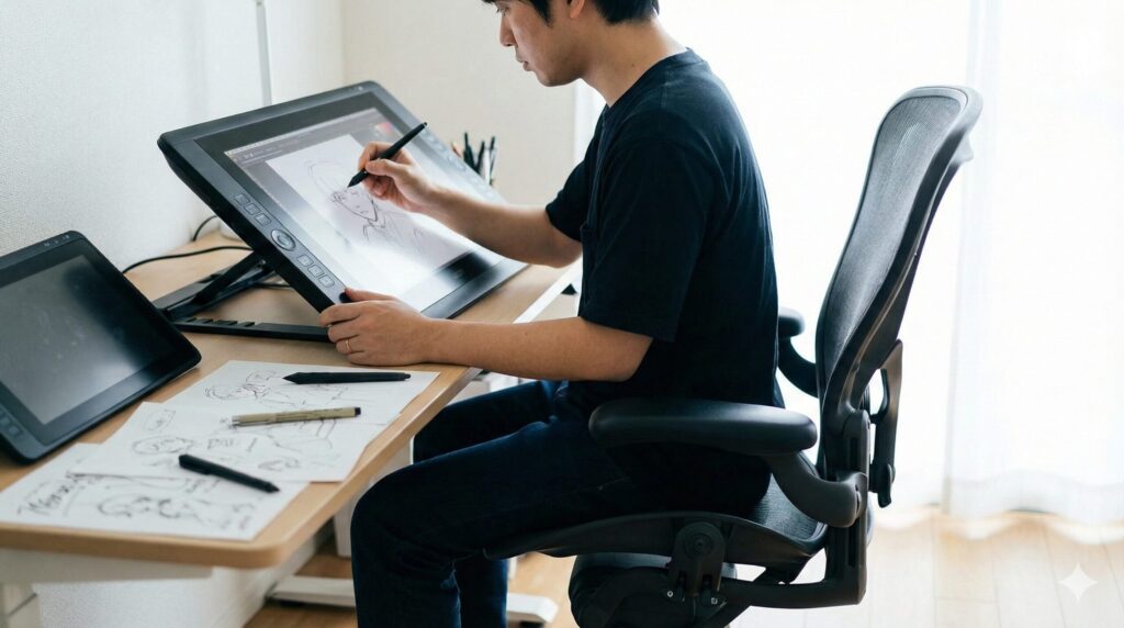 前傾機能付きのオフィスチェアに座り、良い姿勢を保ったまま液晶タブレットでイラスト制作に集中する日本人男性の様子。