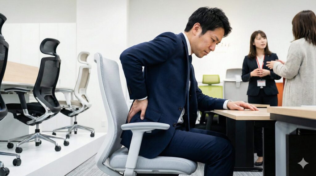 オフィス家具のショールームにて、前傾姿勢をとった状態でチェアの背もたれのフィット感を確認する日本人男性の様子。