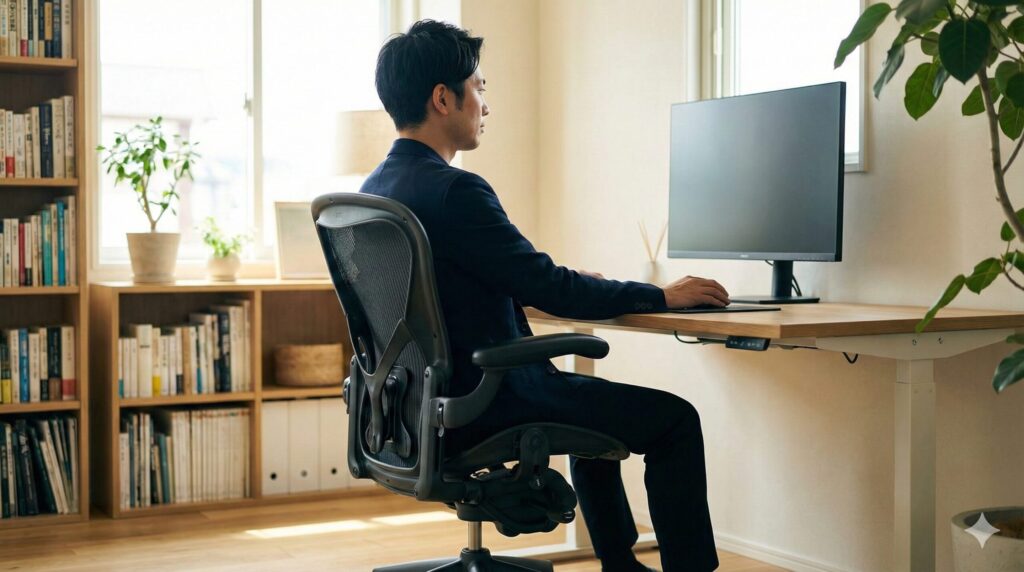 洗練された日本のホームオフィスで、自分に合ったサイズのアーロンチェアに座り快適に作業する日本人男性の様子