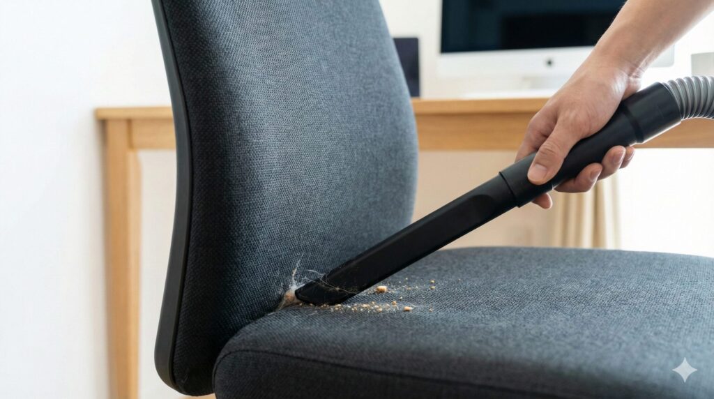 オフィスチェアの座面と背もたれの隙間に掃除機の隙間ノズルを差し込み、溜まったホコリやゴミを吸引している様子