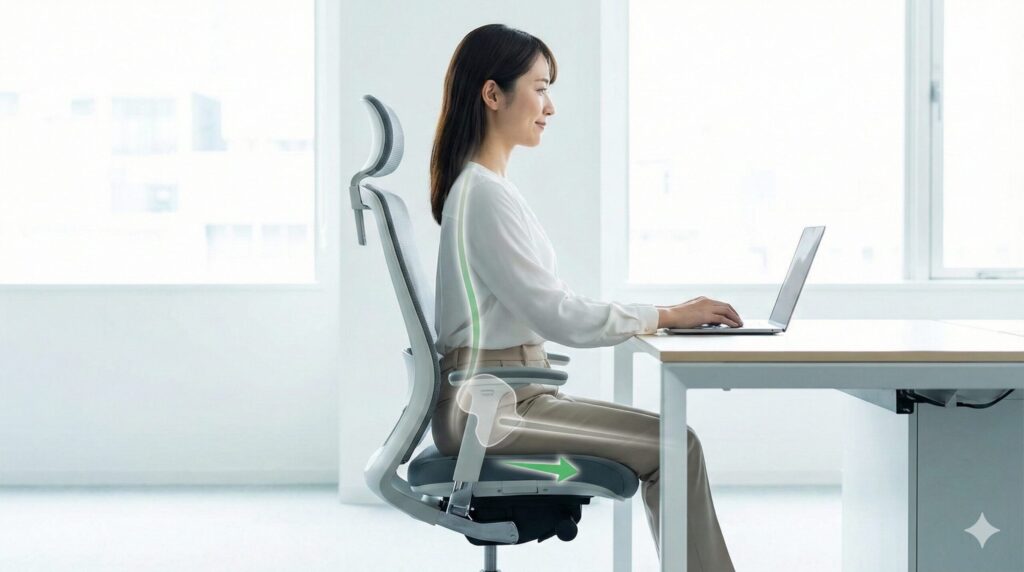 前傾チルト機能により骨盤が立ち、理想的なS字カーブを維持して座る日本人女性