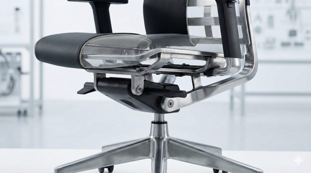 メタルフレームが露出した高品質なオフィスチェアの構造イメージ。金属製の堅牢な脚部とフレームが強調されており、法定耐用年数15年の根拠となる耐久性を表現している。