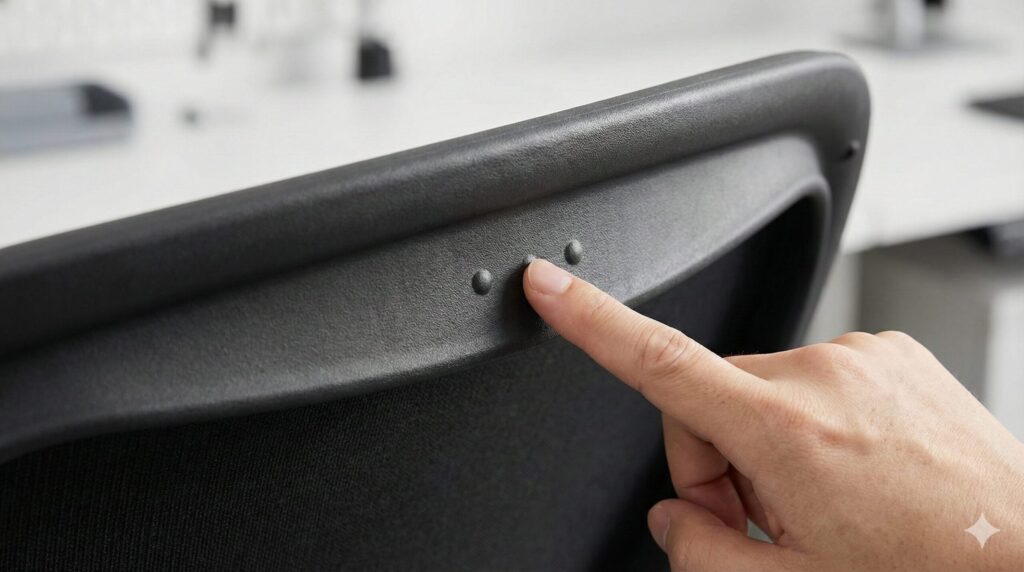 アーロンチェアの背もたれ裏側にあるサイズ判別用の突起（ドット）を指で確認している様子