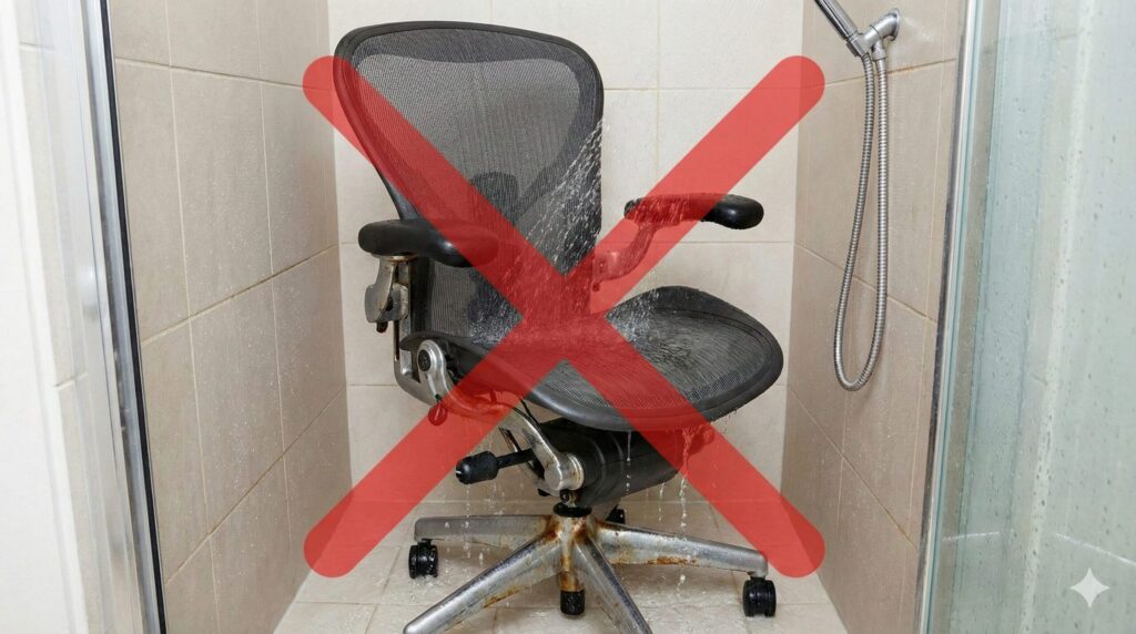 オフィスチェアを風呂場でシャワー洗浄することの危険性を示すイメージ