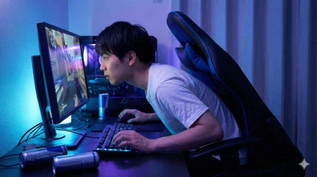 前傾姿勢でゲームに没頭する日本人ゲーマーと集中力を高めるゲーミングチェア