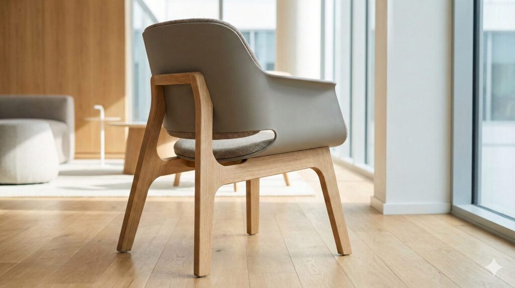 木製のフレームや樹脂パーツを多用したデザイン性の高いオフィスチェア。金属製以外の材質による法定耐用年数8年の基準を視覚的に説明する。