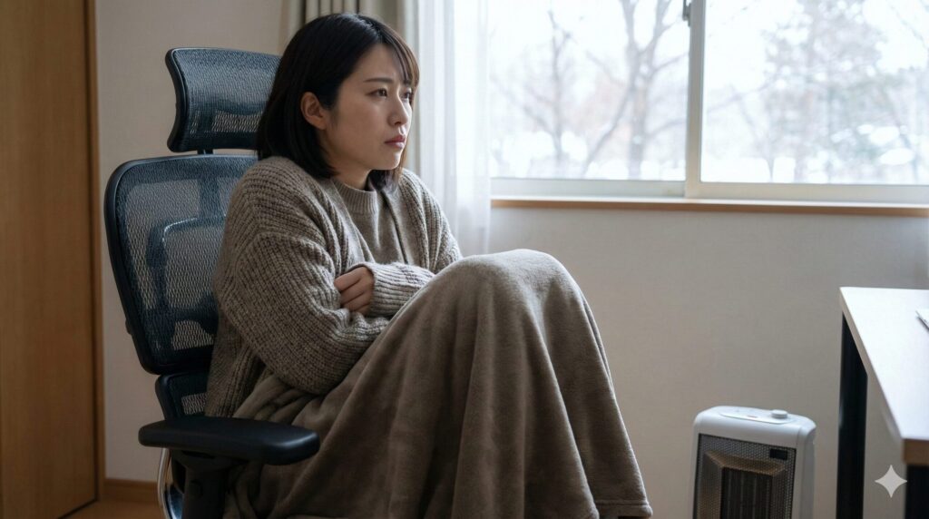 冬の寒さ対策としてブランケットを使いながらメッシュチェアに座る日本人。通気性の良さが寒さにつながる様子。