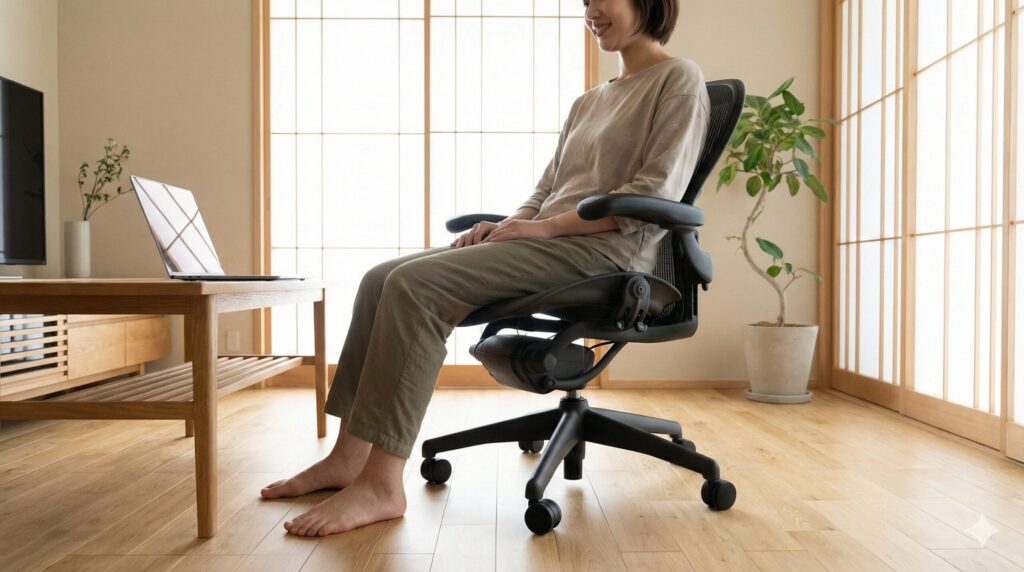 アーロンチェアの座面を下げ、裸足の状態で足裏がしっかりと床についた日本人女性の足元と座り姿勢