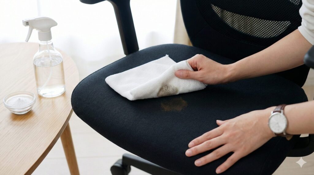 マイクロファイバークロスを使い、オフィスチェアの座面の汚れを優しく叩くようにして移し取っている「叩き拭き」の手元