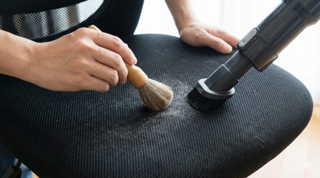 柔らかいブラシと掃除機を使ってメッシュのホコリを優しく掃除する様子