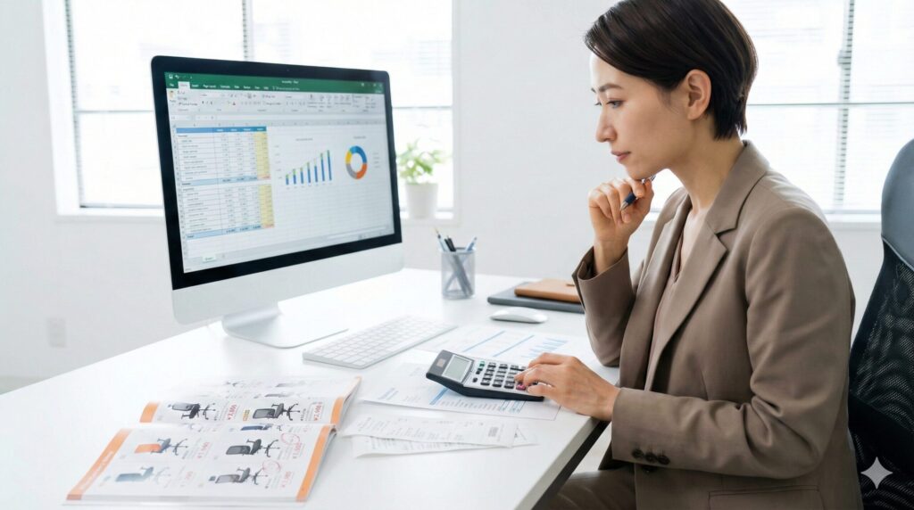 明るいオフィスで書類や電卓を確認しながら、椅子の導入費用について検討する日本人の経理担当者。節税や減価償却のプロセスを想起させる。