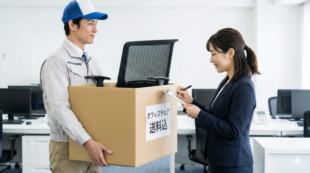 オフィスチェアの配送と組み立て設置の様子（取得価額に含まれる付随費用のイメージ）