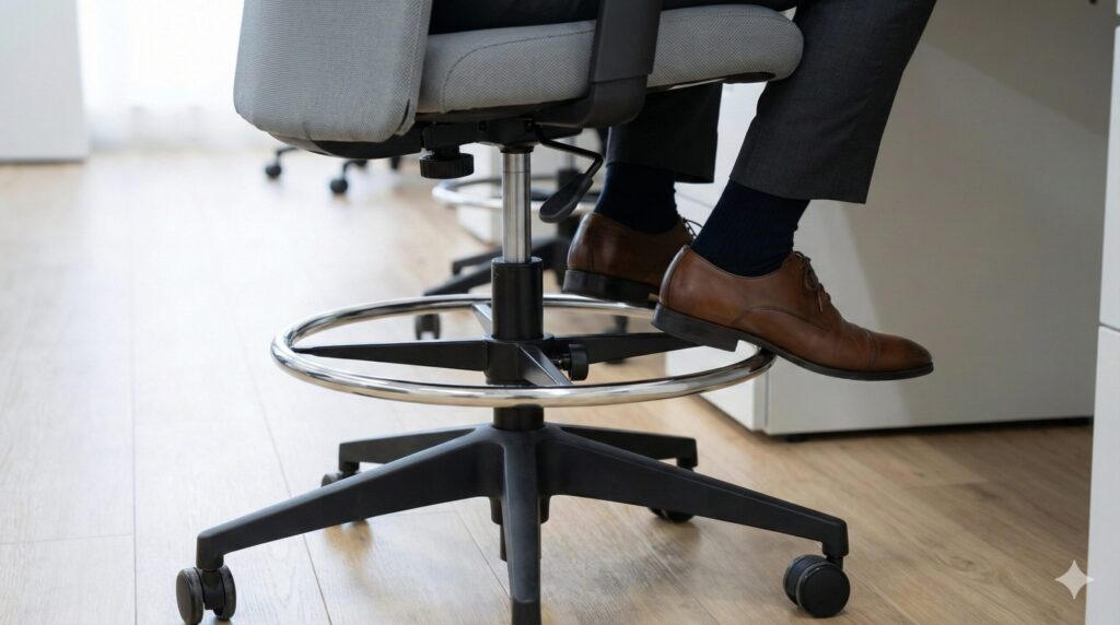 ハイチェアのフットリング（足置き）にしっかりと足を乗せている日本人の足元。太ももの圧迫を防ぎ血流を促す姿勢。