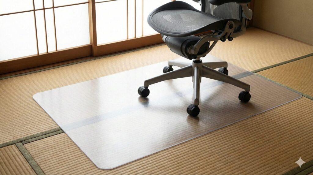 畳を保護し荷重を分散させる硬質ポリカーボネート製のチェアマット