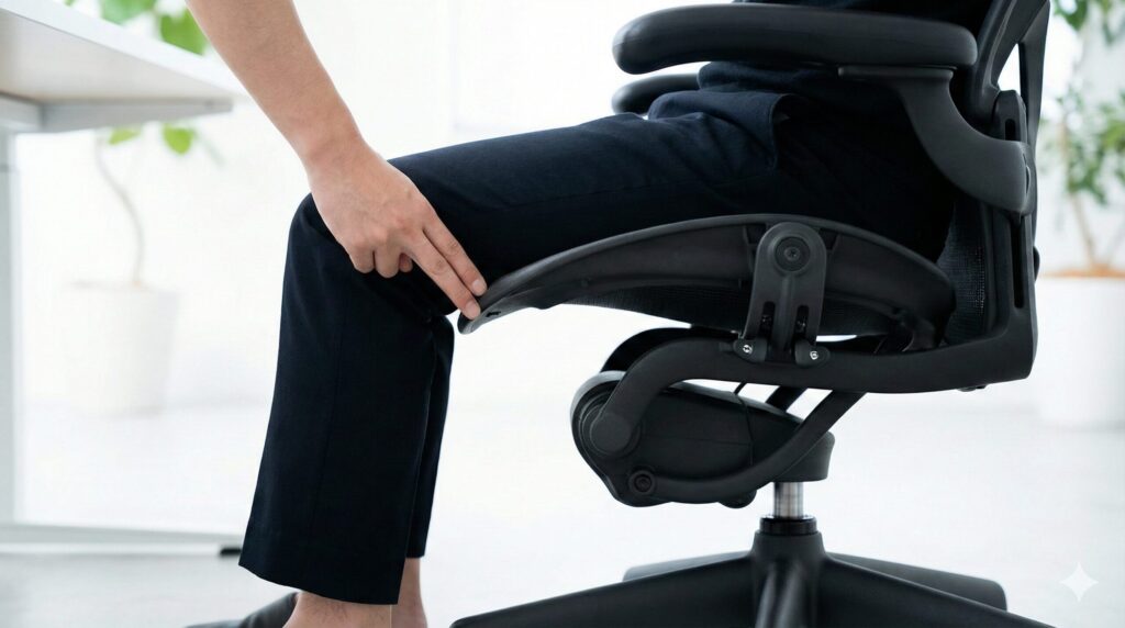 アーロンチェアの座面先端と膝裏の間に指を入れ、適切な隙間（クリアランス）があるかを確認するフィッティングの様子