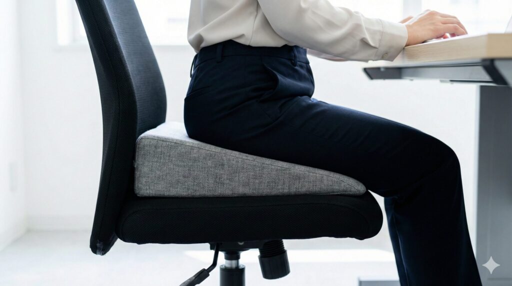 普通の椅子にウェッジクッションを設置して前傾姿勢をサポートする様子